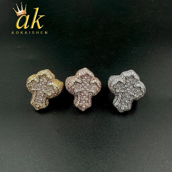 Aokaishen Cross Finger Ring Iced Out AA Zircon Prong Setting Fashion Luxulry Men Hip Hop Jewelry for Gift 251217