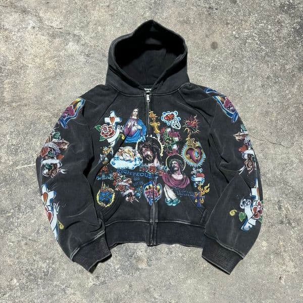 High Quality Y2k Retro Black Risen King Cropped Zip Up Hoodie Gothic Graphic Washed Hoodies for Men Women Sweatshirt Streetwear 251219
