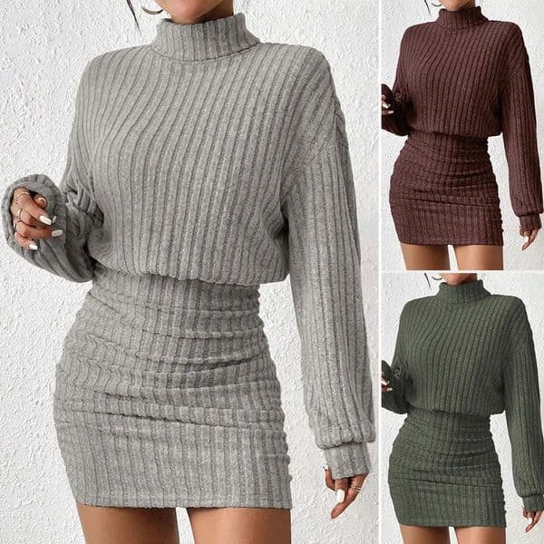 Womens Dresses Fall Winter Casual Plain Knitted Pullover Long Lantern Sleeve High Neck Mini ALine Short 251216