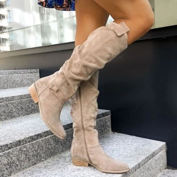 long womens boots Low Heel Side Zip Size 43 Suede Thigh High Womens Boots Retro Woman Booties Autumn Winter Knee High Boots 251217