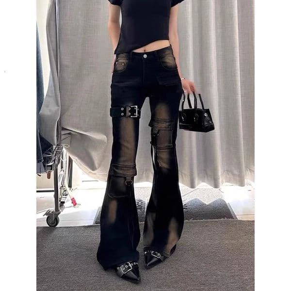 ZHIZOU Autumn Winter Women Denim Pants High Waist Cargo Jean Goblin Core Kpop Bell Bottom Japanese Y2k Stretch 2000s Jeans Gyaru 251213