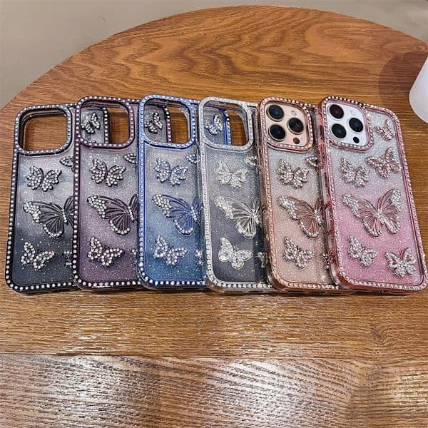 iPhone 17 Electroplated 3D Butterfly Rhinestone Phone Case Compatible with Apple 16 Pro Max Gradient Glitter 15 Cross-border
