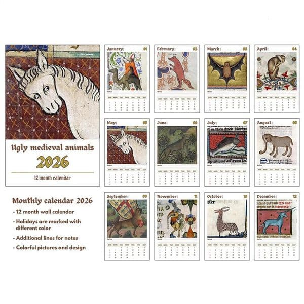2026 Medieval Animal Themed Ugly Style Calendar with Humorous Vintage Illustrations for Home Office Decor 29x21cm 251218