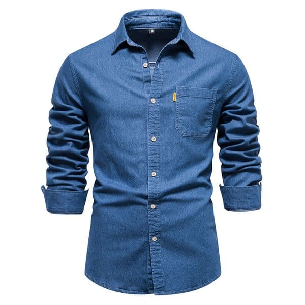 WOZK Men's autumn and winter European denim shirt, men's casual solid color denim long sleeved shirt, denim fabric inner top blue plus size high quality