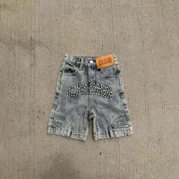 Y2K Vintage Washed Jeans Pearl Letter Decoration High Waist Distressed Denim Shorts Casual Men Women Hip Hop Fashion Streetwear 251218