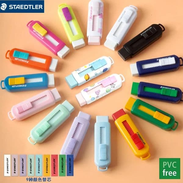 1PC Staedtler Sliding Retractable Pencil Eraser with Plastic Sleeve Assorted Soft Pastel Color Comfortable To Hold 251218