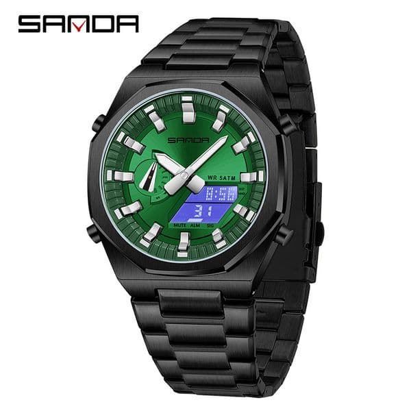 Synchronized Dual Display Multi-functional Daylight Saving Time Men's Watch 7ctagonal Oak Countdown