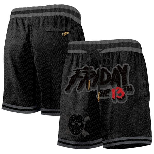 Men's black retro basketball shorts, classic mask embroidered fashionable shorts, retro casual mesh breathable pocket shorts