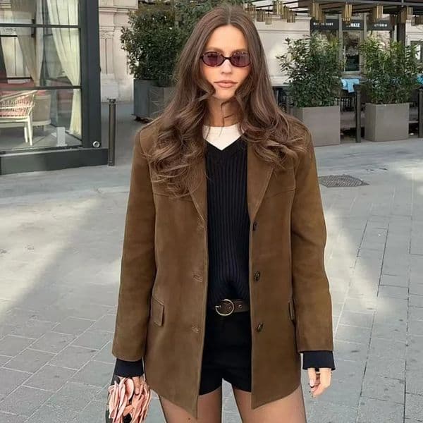 Womens Blazer Suede Jacket Outerwears Spring Brown Long Sleeve Blazer Vintage Solid Suit Coat Women Top High Quality Blazers 251212