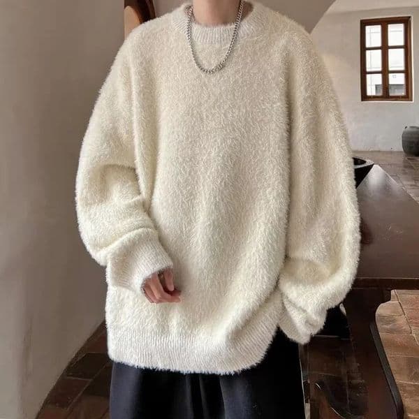 Autumn Mens Solid Fluffy Knitted Sweaters Korean Fashion Loose Warm Pullovers Winter Couples Y2K Vintage Knitwear Jumpers 251219