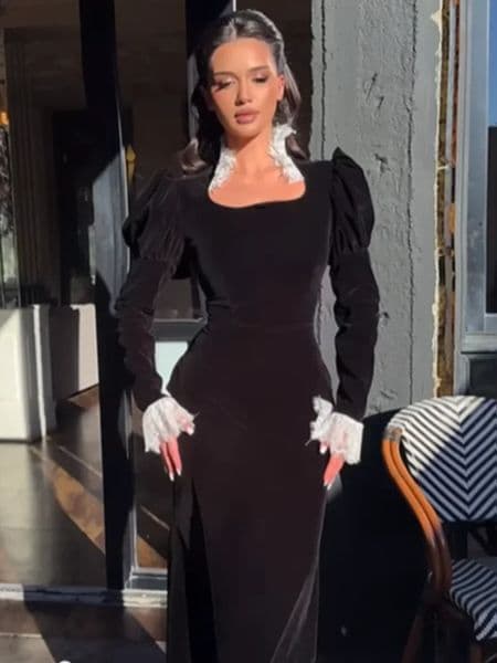 Sexy Lace Patchwork Velvet Long Dress Womens Square Collar Full Sleeves Waist Cinching Dresses 2026 Lady Evening Party Vestidos 251218