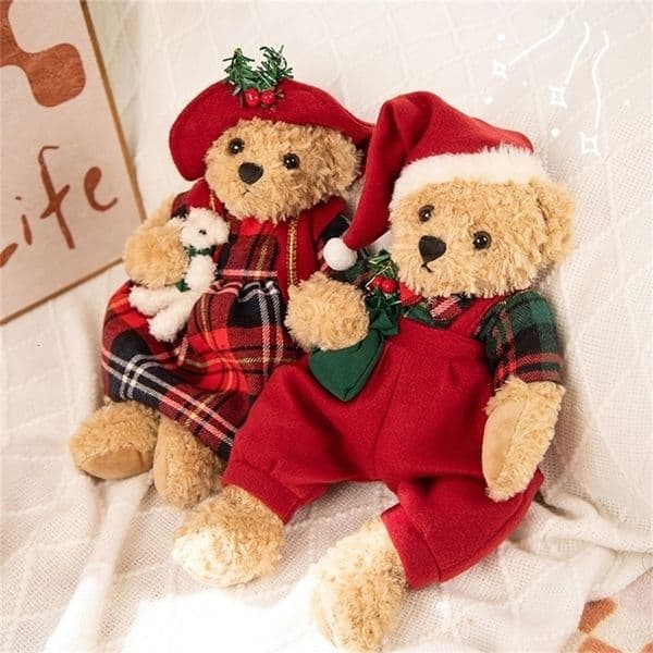 2PCS Couple Christmas Dress Bear Plush Toy Dolls Stuffed Soft Animal Pillow Girl Birthday Decor Gift251209wwBJ