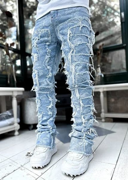 Mens Regular Fit Stacked Jeans Ripped Slim Patch Distressed Destroyed Straight Denim Pants Hip Hop Streetwear Trouser Cloth 251218