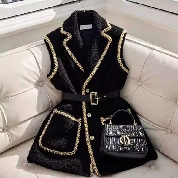 Elegant Women Black Lambhair Vest Coat Luxury Bright Silk Edging with Belt Sleeveless Blazers Vest New Spring Winter Outerwear