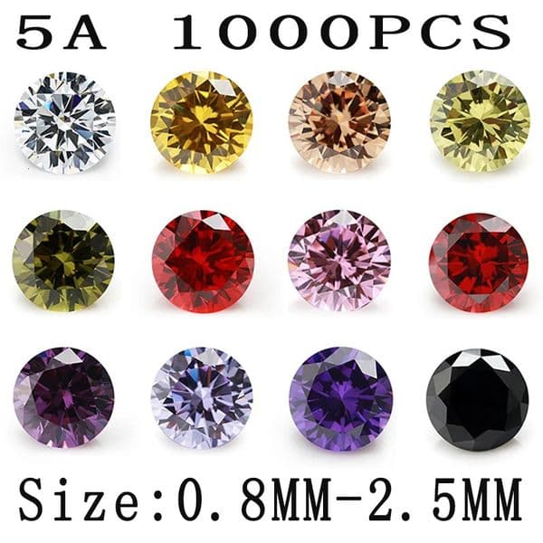1000pcs Size 0825mm Round Loose Cubic Zirconia 5A CZ Stones White Golden Yellow Olive Pink Black Amethyst Garnet Color 251216