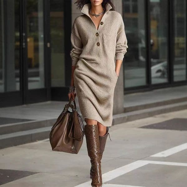 Autumn Winter Loose Sweater Dress Women Casual Knitted Lapel Collar Solid Color Button Long Sleeves Warm Woman Dresses 251218