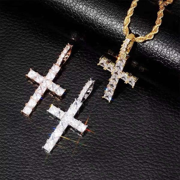 New Iced Long Stick Hiphop Chain Men's Jewelry Gold Silver Color VVS Moissanite Pendant Necklace Pearl Cross Charm