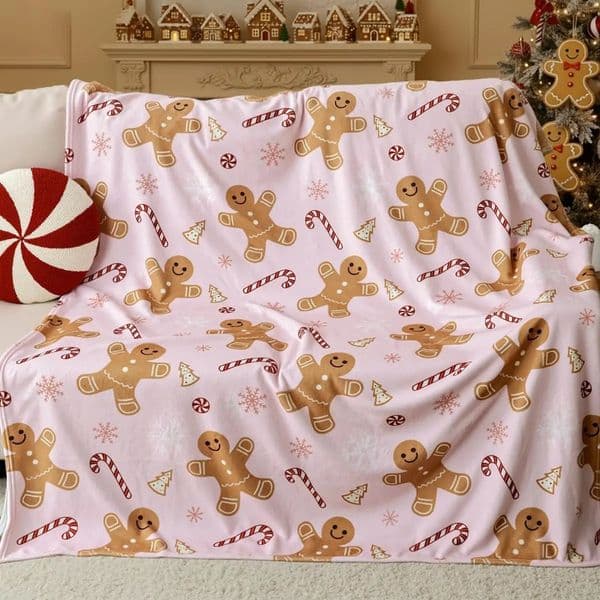 Pink Flannel Gingerbread Man Bed Blanket Lightweight Cozy Christmas Blanket for Couch Sofa Bed Living Room Home Decor Gifts 251211BJ