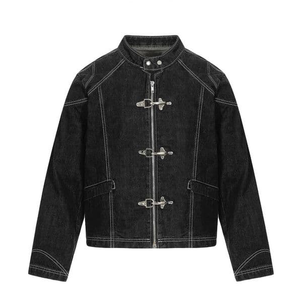 Metal Plane Buckle Jacket Mens Streetwear Fashion Hip Hop Casual Vintage Stand Collar Short Denim Women Jeans Coat 251219