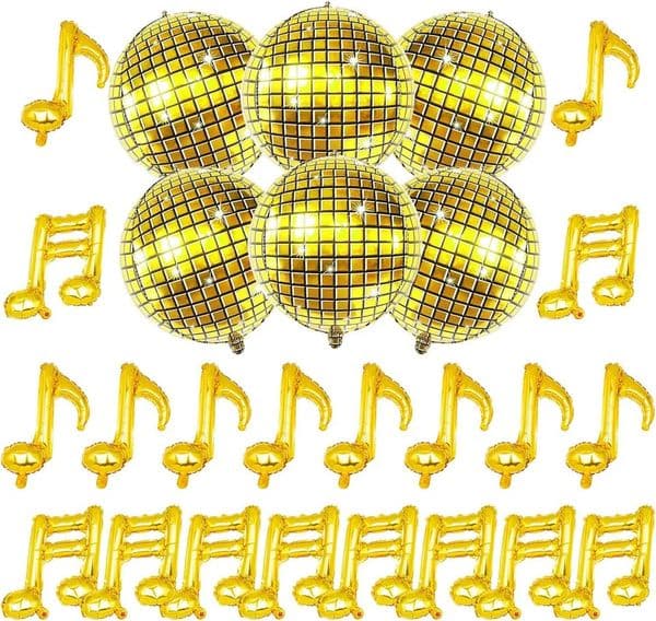 26 Pcs/set 22 inch 4D Gold Disco Aluminum Film Balloon Music Note Balloon Music Theme Party Decoration Bar Decoration Balloon 251215