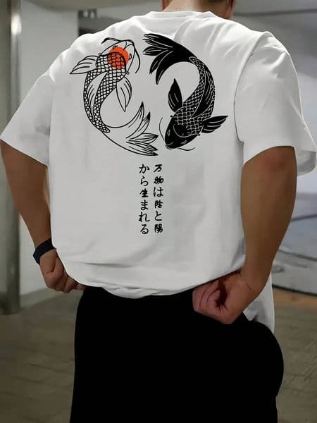 Japanese Koi Harajuku Illustration Pattern TShirt Men Summer Casual T Shirt Soft Fashion Short Sleeve Loose Cotton Sportswear 251219
