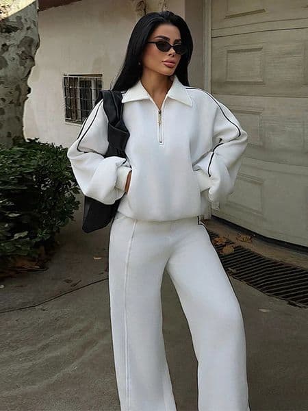 Chic Contrasted Color Women Hoodie Pant Suits Full Sleeve Zippers Wide Leg Pants Lady Set 2026 Spring 2 Pieces 251219BJ