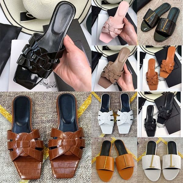 Free shipping designer slippers for women trendy leather outdoor slides black brown patent leather sandals plat flip flops