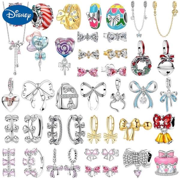 Disney Lovely 925 Sterling Silver Pink Bow Charms Earrings Rings Christmas Bell Pendant fit Original Bracelet Necklace DIY Jewelry Gift H251220