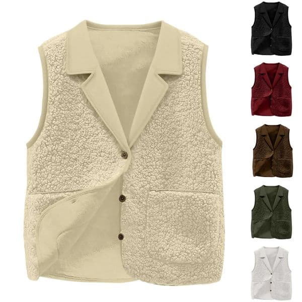 Womens Sherpa Fleece Vest Lapel Collar ButtonFront Pockets Casual Warm Sleeveless Jacket Coat for Autumn Winter 251219