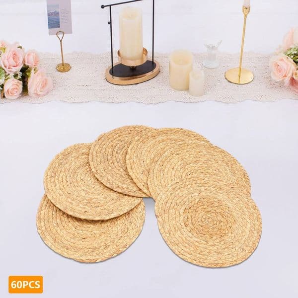 60Pcs Portable Round Placemats Woven Rustic Natural Water Hyacinth Place Mat