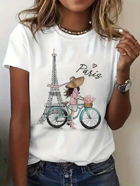 Y2k Paris wiTH Bike Print Short Sleeve Printed T Shirt CloTHing Womens T-Shirt Graphic CloTHing Womens Top Tee C251220