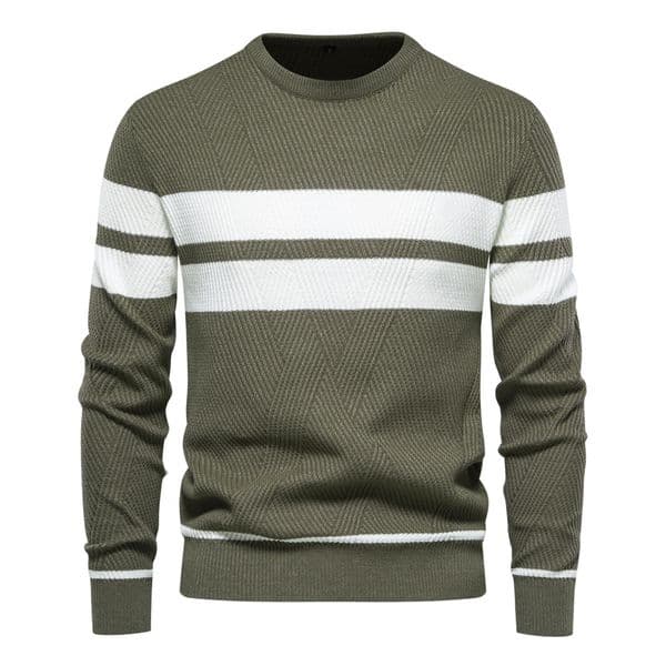 WOZK autumn and winter men's casual striped men's sweater pullover color blocked round neck men's European size knitted sweater top innerwear