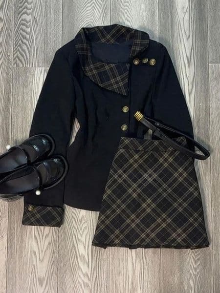 Preppy Style Vintage Slim Patchwork 2piece Set Women Hepburn Fashion Plaid Autumn Coat Female Highwaist Thin Short Skirt 251219BJ