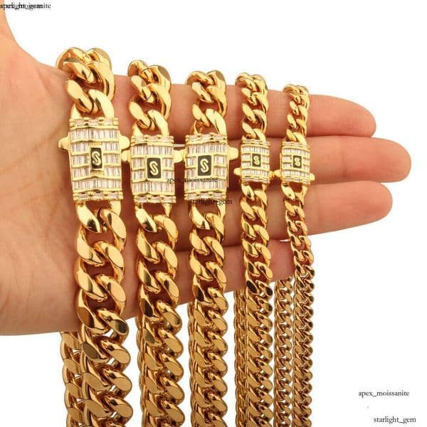 6mm-14mm Hip Hop Stainless Steel Miami Cuban Link Chain 18K Real Gold 14K Plated T Zircon Clasp Mens Necklace Jewelry ca