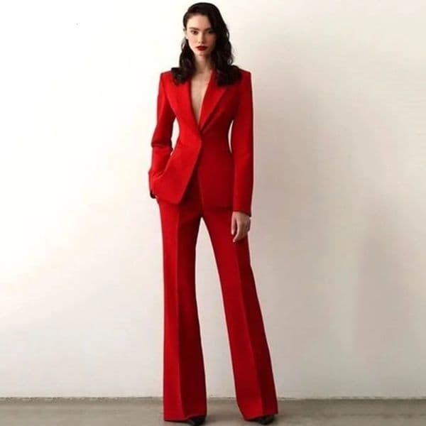 Women Suit 2 Pieces Red Single Button Solid Slim For Wedding Business Work Office Daily Commute Casual Set Blazer And Pants 251215