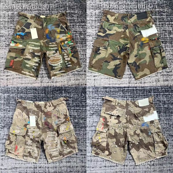 Designer Mens Camouflage Patchwork Leather Letter High Street Vintage Hip Hop Worn Work Denim Shorts Men2026