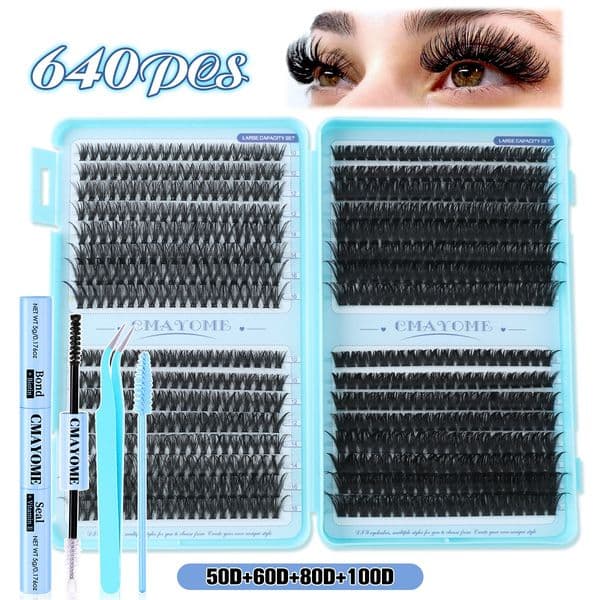 DIY Segmented Eyelash Extensions 640Pcs DIY Cluster Lashes Kit with Lash Bond & Seal Handmade Reusable Naturally D Curled Fluffy Individual Eyelashes