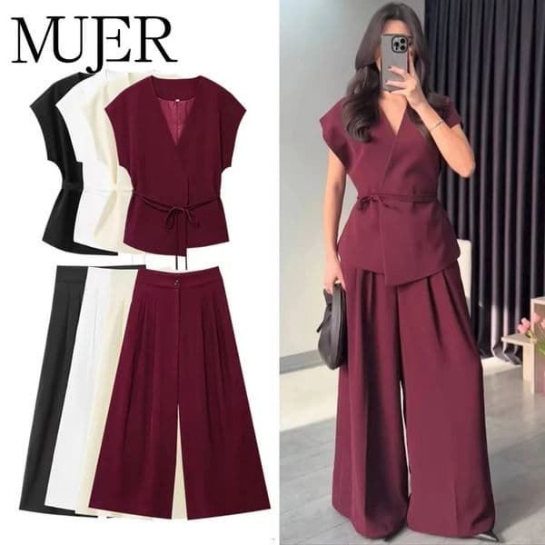 MUJER Wide Leg Pants Sets for Women 2 Pieces Sleeveless Vest Top Woman Pleated Casual Trousers Sets Two Piece Outfits Woman 251215