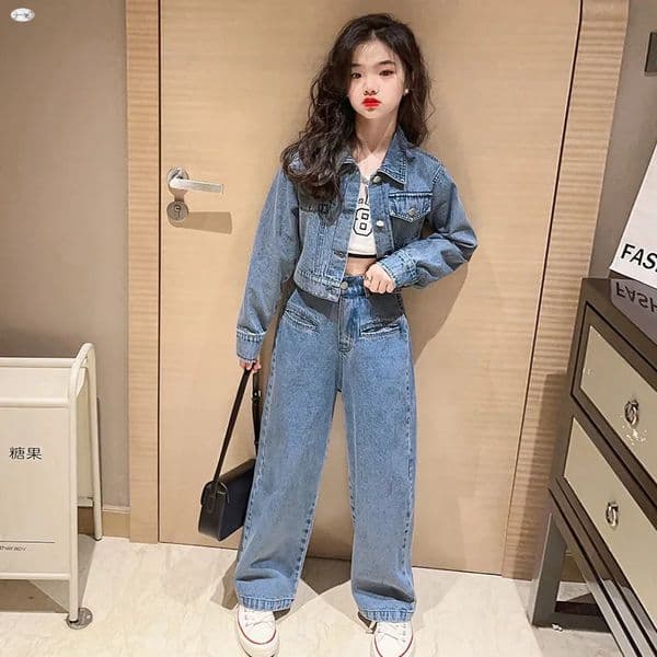 Spring and Autumn Girls Autumn Clothing Denim Fashionable Korean Style Fried Street Wide-Leg Pants Two-Piece Set 251218