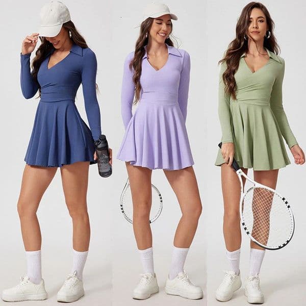 Fashion long sleeved sports dress for womens autumn and winter badminton tennis skirt golf set with builtin leggings 251219