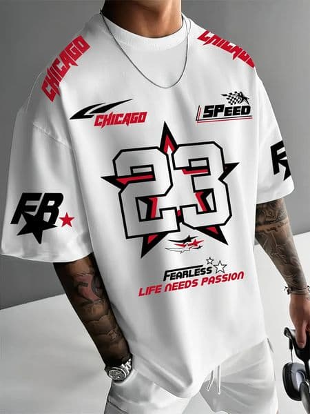 Summer Mens Chicago Black Red and White Printed 23 Pattern Round Neck Breathable Casual T-shirt Loose Outdoor Top 251211