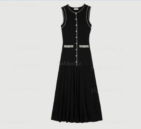 Sandro Summer Pearl Decoration Round Neck Sleeveless Knitted Sandro Slim Fit Dress Long Dress Sandro Designer Summer Sandro Long Knit Dress For Women b82