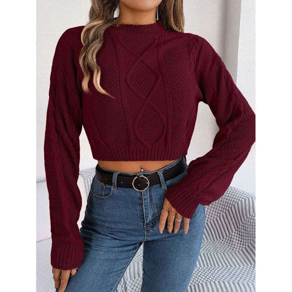 Autumn Winter Solid Short Sweater Casual Designer Fashion 2026 Knitted Long Sleeve Pullover Women Clothing Crop Top Gray Army Green Red