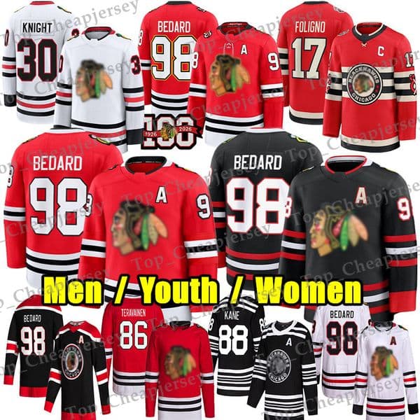 #98 ConnorS Bedard chicago hockey jersey blackhawksS jersey #91 Frank Nazar Artyom Levshunov Alex Vlasic Nick Foligno Murphy Spencer Knight Jason Dickinson jerseys