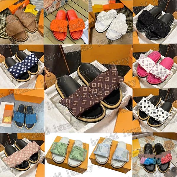Sliders Designer Slippers Women Pool Pillow Flat Comfort Mules Slides Classic Prints Embossed Summer Black Grey Beach Sandals 35-45