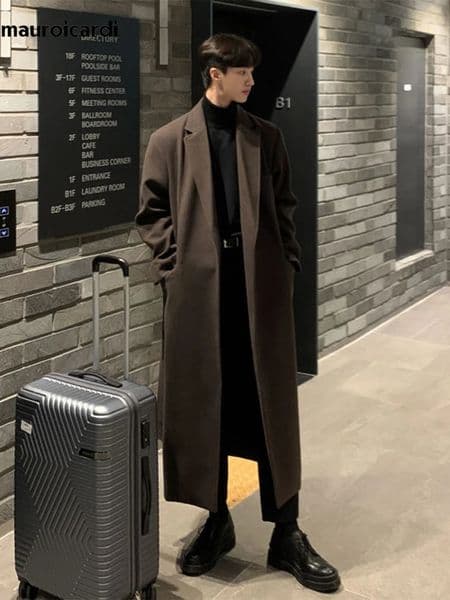 Mauroicardi Autumn Winter Long Casual Brown Black Soft Thick Warm Woolen Coat Men Sashes er Plus Size Overcoat 5XL 251222