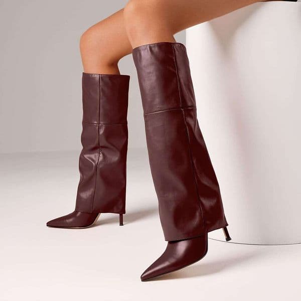2026 Women's Knee High Stiletto Heel Boots Fold Over Pointed Toe Pull On Design Shoes Wide Calf Sexy Fashion Party Dress Tall Booties