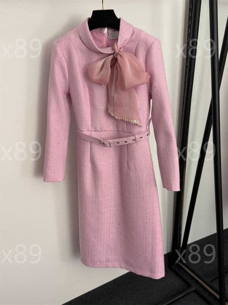 pink designer dresses women tweed Beaded ribbon trim dress classic with belt long-sleeve fashion basic casual dress