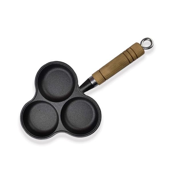 Cast iron pot, three hole frying pan, multifunctional uncoated iron pot, wooden handle, thick flat bottomed pan
