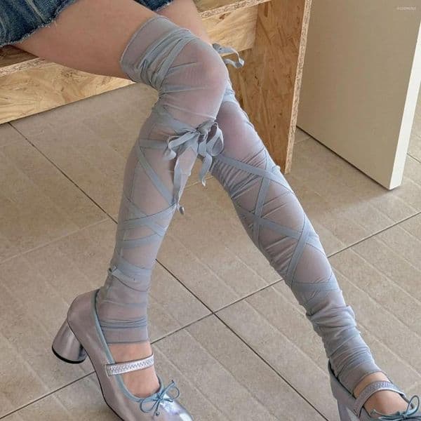 Women Socks Tie-up Thigh-high Leg Warmers Stockings Girls Ballet Sheer Long Lolita Kawaii Breathable Thin